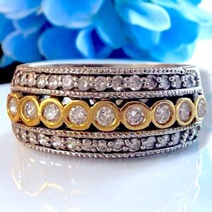 Designer 18k 750 Two Tone Gold 1 CTW Bezel Diamond 10mm Wide Band Ring Size 8